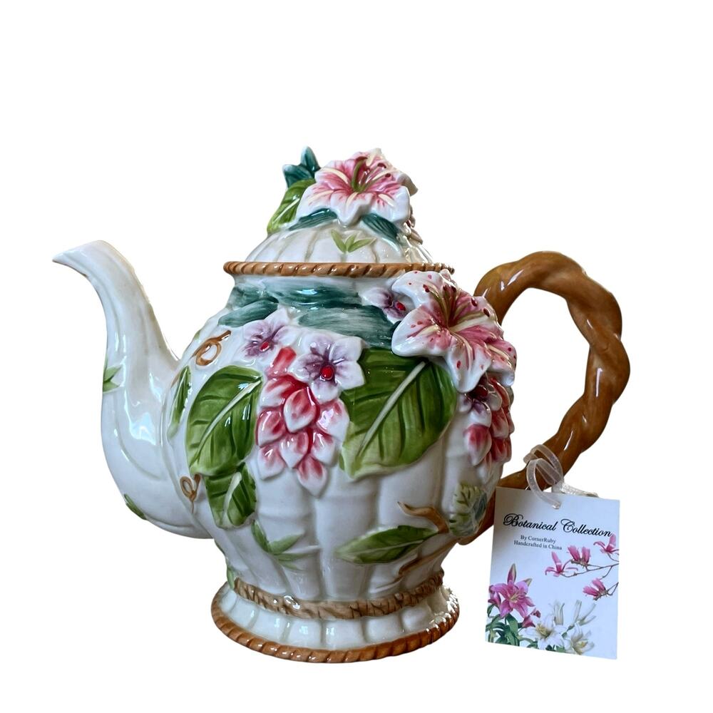 Corner Ruby Botanical Collection Porcelain Lidded Teapot Pink Lily Floral NEW